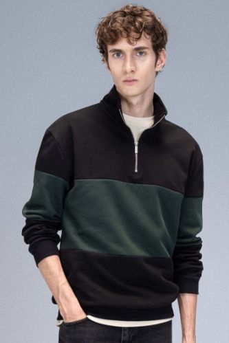Comfort Regular Fit Rahat Kalıp Dik Yaka Fermuarlı Çizgili Kalın Sweatshirt