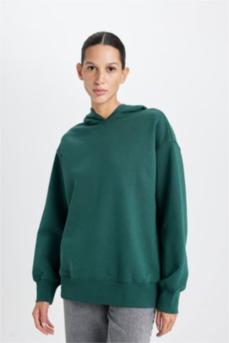 Boxy Fit Kapüşonlu Basic Düz Kalın Sweatshirt
