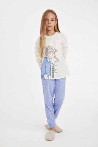 Kız Çocuk Pijama Takımı Baskılı Uzun Kollu Üst Uzun Alt