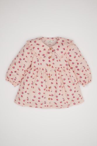 Kız Bebek Geniş Yaka Düğmeli Çiçekli Uzun Kollu Twill Elbise