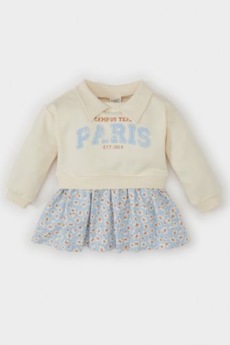 Kız Bebek Polo Yaka Baskılı Eteği Çiçek Desenli Uzun Kollu Sweatshirt Elbise