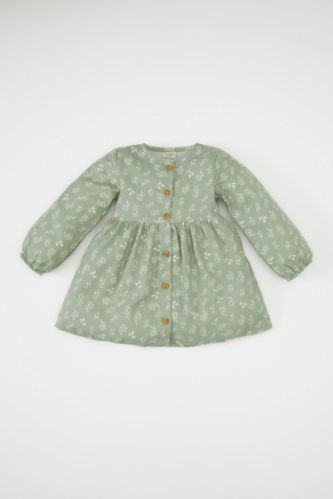 Kız Bebek Bisiklet Yaka Düğmeli Çiçek Desenli Uzun Kollu Twill Elbise