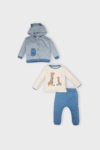 Erkek Bebek 3'lü Takım Zürafa Baskılı Uzun Kollu Tişört Kapüşonlu Sweatshirt Hırka Beli Lastikli Eşofman Altı
