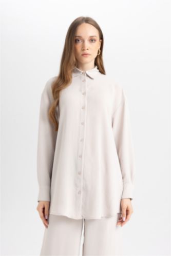 حريمي اللون الحجري تونيك كم طويل قصة عادية