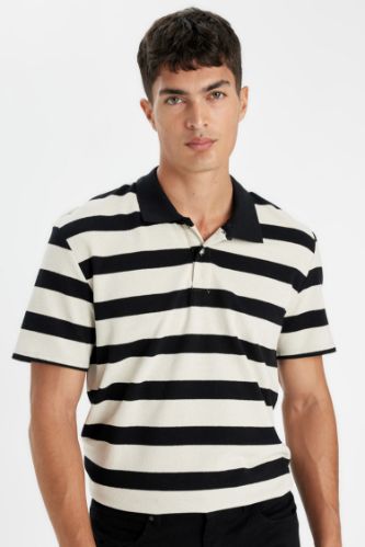 New Regular Fit Polo Yaka Çizgili Kısa Kollu Tişört