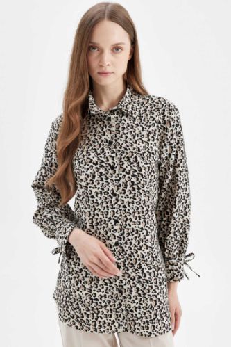 Relax Fit Leopar Desenli Uzun Kollu Gömlek Tunik