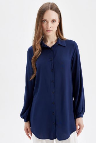 Regular Fit Basic Düz Viskon Uzun Kollu Gömlek Tunik