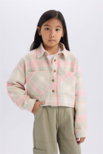 Girls & Teens Pink Girl Plaid Buttoned Pocket Crop Shirt