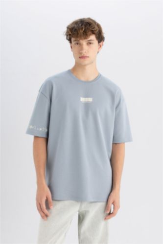 Oversize Fit Bisiklet Yaka Baskılı Ağır Kumaş Tişört