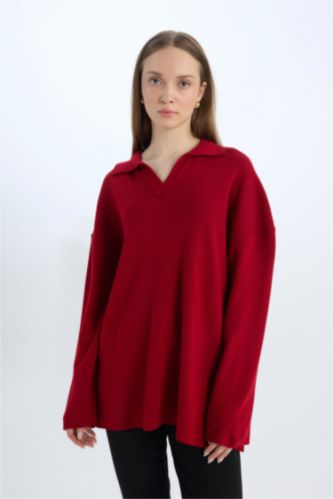 FEMME Rouge Tunique Pull à Col Polo Coupe Régulière