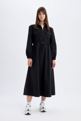 Shirt Collar Poplin Long Sleeve Maxi Dress