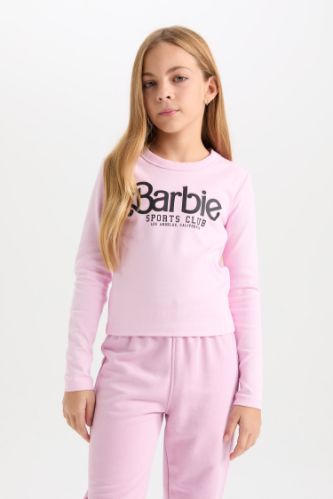Kız Çocuk Barbie Cropped Fit Bisiklet Yaka Baskılı Fitilli Kaşkorse Uzun Kollu Tişört