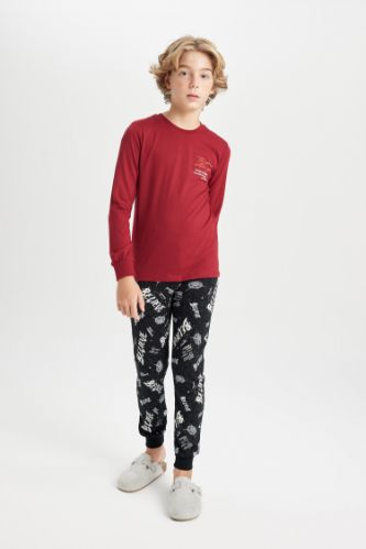 Erkek Çocuk Pijama Takımı Yazı Baskılı Uzun Kollu Üst Uzun Alt