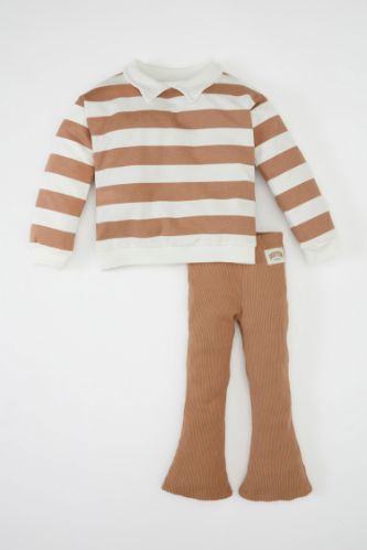 Kız Bebek 2'li Takım Polo Yaka Çizgili Sweatshirt Beli Lastikli İspanyol Paça Tayt