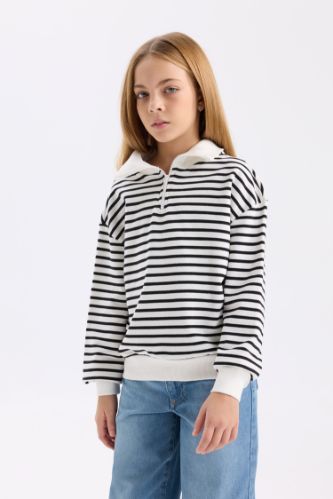 Kız Çocuk Oversize Geniş Kalıp Yarım Fermuarlı Çizgili Sweatshirt