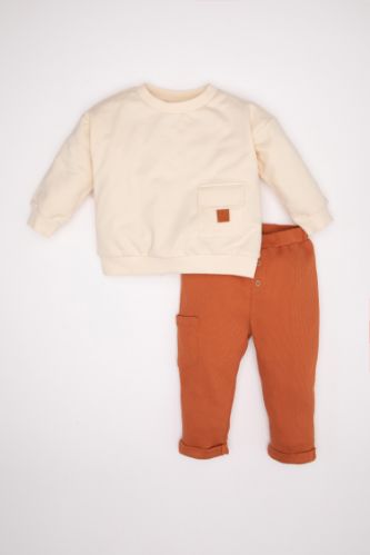 Erkek Bebek 2'li Takım Bisiklet Yaka Cepli Sweatshirt Üst Beli Lastikli Paça Katlamalı Pantolon Alt