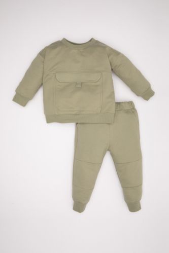 Erkek Bebek 2'li Takım Bisiklet Yaka Basic Düz Cepli Sweatshirt Üst Beli Lastikli Jogger Eşofman Altı