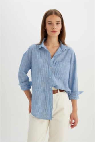 Woman Blue Oversize Fit Linen Look Long Sleeve Shirt