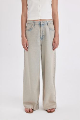 Baggy Yüksek Bel Geniş Paça Uzun Jean Yıkamalı Pantolon