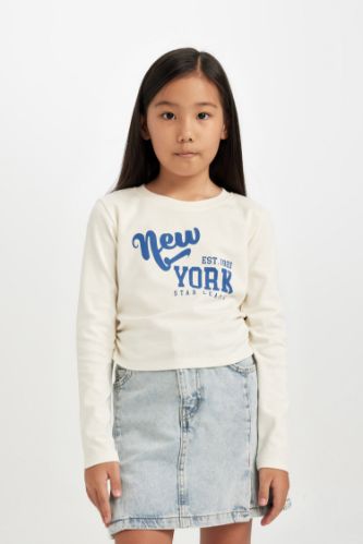 Kız Çocuk Cropped Fit Bisiklet Yaka Baskılı Ribana Uzun Kollu Tişört