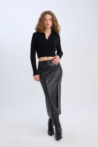 Black Woman Pencil Skirt Faux Leather High waist Midi Knitted Skirt 3146556 DeFacto