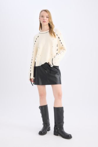 A Kesim Yüksek Bel Suni Deri Mini Etek