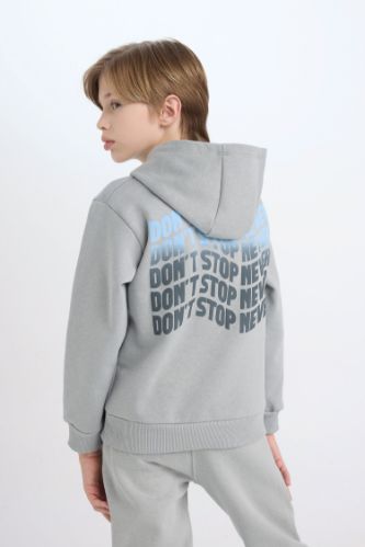 Erkek Çocuk Gri Kapüşonlu Sırt Baskılı Sweatshirt