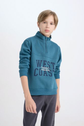 Erkek Çocuk Yarım Fermuarlı Dik Yaka Baskılı Kalın Sweatshirt