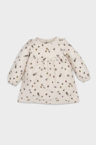 Kız Bebek Çiçek Desenli Fırfırlı Uzun Kollu Twill Elbise