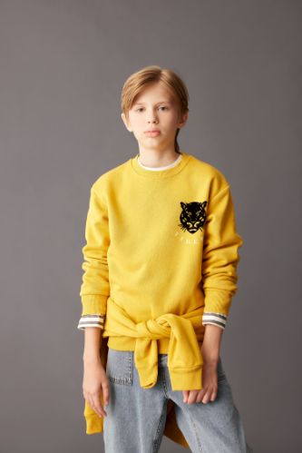 Erkek Çocuk Sarı Bisiklet Yaka Kaplan Baskılı Sweatshirt