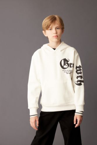 Erkek Çocuk Ekru Kapüşonlu Baskılı Kalın Sweatshirt