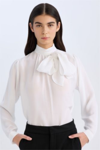 Regular Fit Bow Collar Basic Satin Long Sleeve Blouse