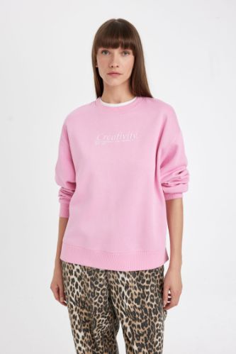 Relax Fit Bisiklet Yaka Slogan Baskılı Kalın Sweatshirt