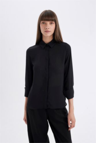 WOMAN Black Regular Fit Crepe Long Sleeve Shirt
