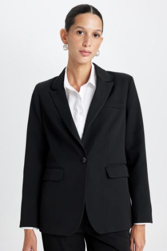 Fitted Ceket Yaka Düğmeli Basic Düz Blazer Ceket