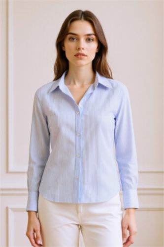 Fitted Basic Düz Poplin Uzun Kollu Gömlek