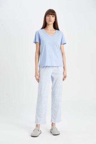Pijama Takım V Yaka Kısa Kollu Basic Düz Üst Desenli Beli Lastikli Alt-Fall in Love