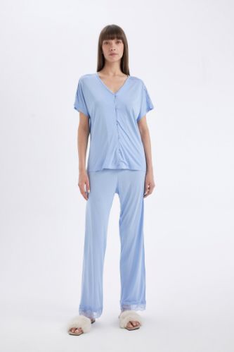 Pijama Takım V Yaka Düğmeli Kısa Kollu Üst Beli Lastikli Alt-Fall in Love