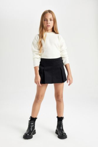 Kız Çocuk Basic Düz Gabardin Pileli Siyah Şort Etek