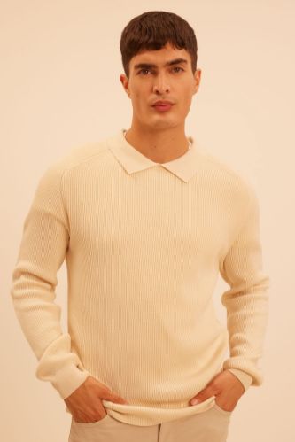 Standart Fit Polo Yaka Basic Düz Triko Kazak