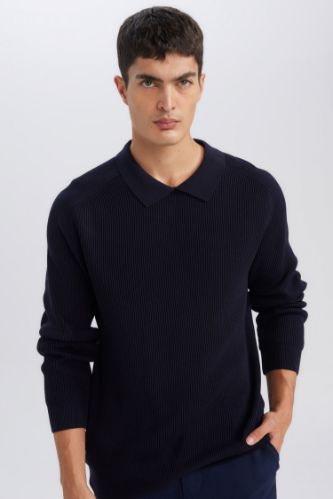 Standart Fit Polo Yaka Basic Düz Triko Kazak