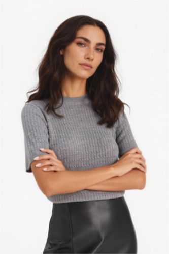 FEMME Gris Pull tricot à col rond et manches courtes Coupe régulière