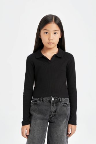 Kız Çocuk Cropped Fit Polo Yaka Basic Düz Fitilli Kaşkorse Uzun Kollu Tişört