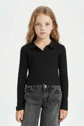 T-shirt Polo crop top en côtelé à manches longues pour fille