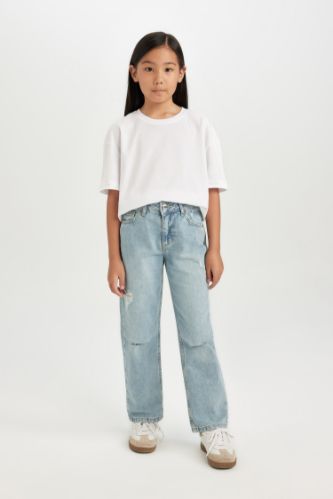Kız Çocuk Straight Fit Yırtık Detaylı Düz Paça Cepli Jean Pantolon