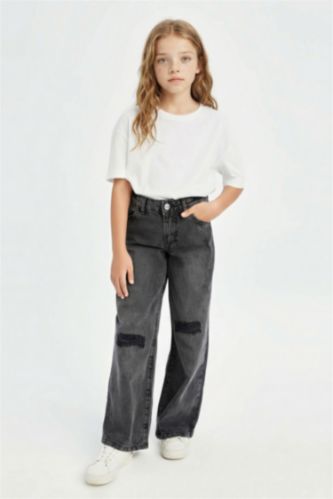 Kız Çocuk - Genç Kız Antrasit Kız Çocuk Wide Leg Jean Pantolon Yırtık Detaylı Geniş Bol Paça Cepli Antrasit