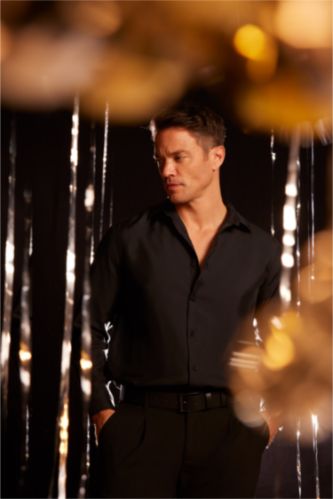MAN Black Black Relax Fit Polo Neck Twill Basic Long Sleeve Shirt