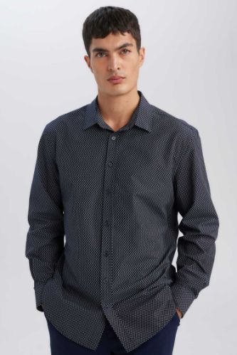Modern Fit Poplin Desenli Pamuk Karışımlı Uzun Kollu Gömlek