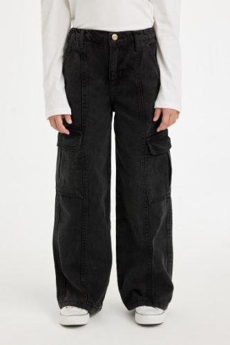 Kız Çocuk Wide Leg Kargo Cepli Geniş Bol Paça Antrasit Jean Pantolon