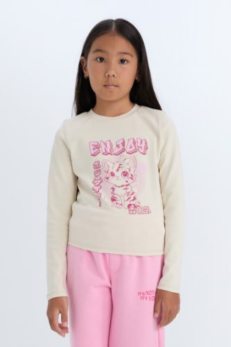 Kız Çocuk Cropped Fit Bisiklet Yaka Baskılı Fitilli Kaşkorse Uzun Kollu Tişört